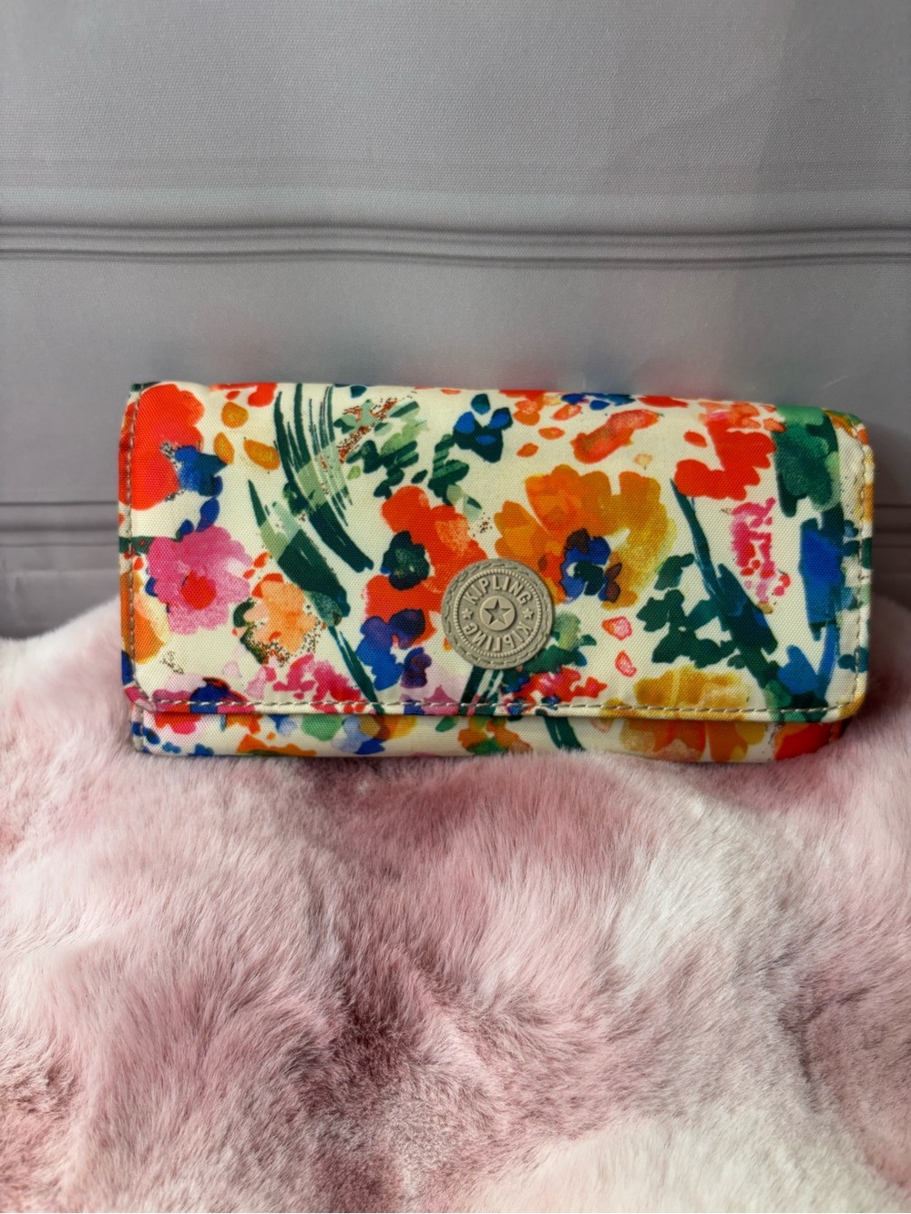 Kipling Floral Multicolor Clutch Wallet - Orange, Pink, Green, Blue